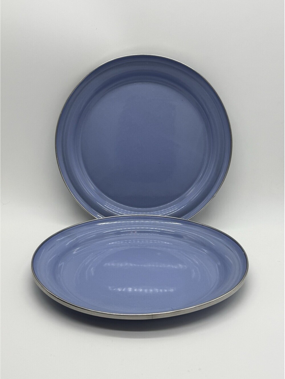 Pottery Barn Enamelware Dinner Plates Pair 10 Inch Blue Stainless Steel Rim